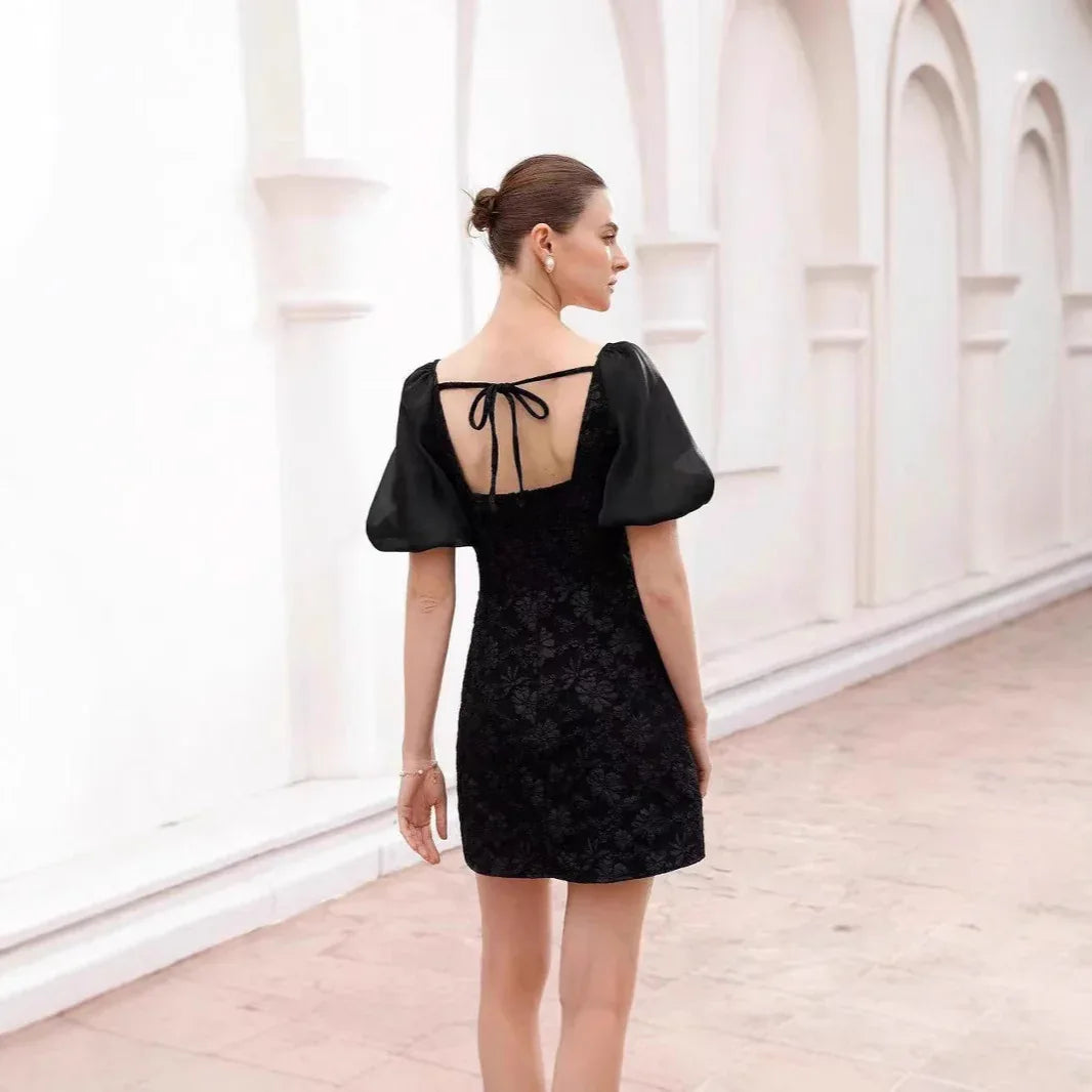 Retro Waist-Cinching Lace-Up Patchwork Pleated-Sleeve Dress - Gizmo Galaxy