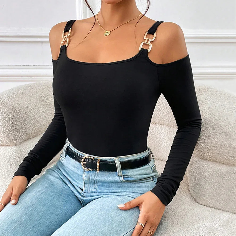 Women's Spring And Summer Fashion Simple Suspender Off-Shoulder Metal Hook Long-Sleeved Sexy Top - Gizmo Galaxy