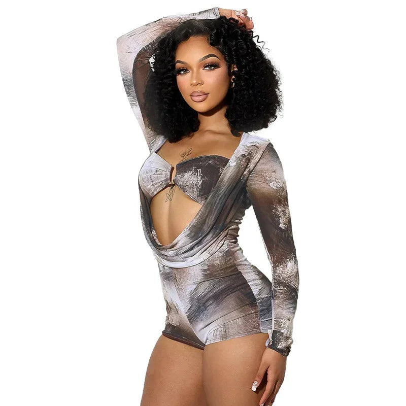 Slim Ink Blooming Printing Swing Collar Fake Two Pieces Long Sleeve Jumpsuit - Gizmo Galaxy