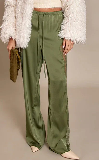Fashionable Solid Color Sexy Satin Lace Loose Floor Length Pants - Gizmo Galaxy