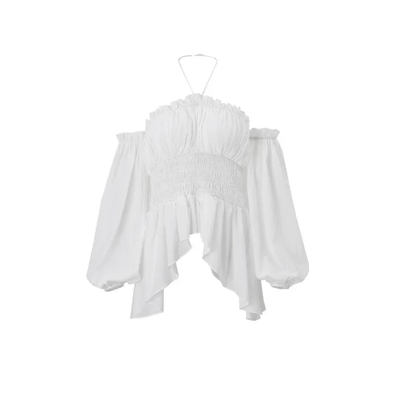 Off-shoulder Pleated Ruffled Slim Fit Lantern Long Sleeve Halter Top Women - Gizmo Galaxy