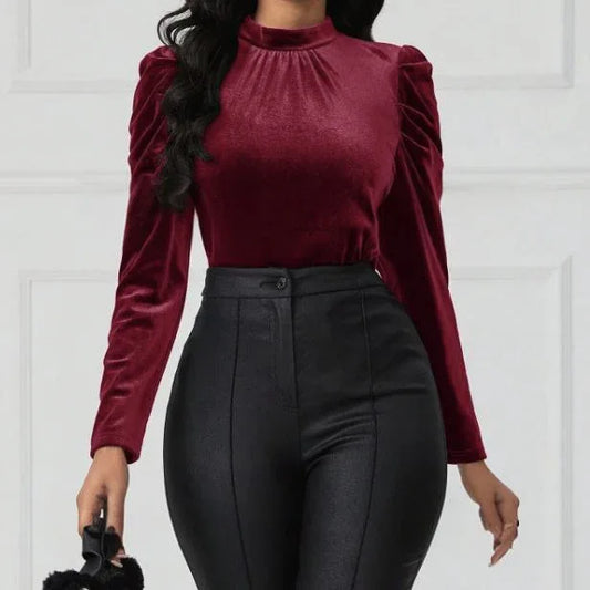 Women's Solid Color Round Neck Bubble Sleeve Slim Fit T-shirt - Gizmo Galaxy