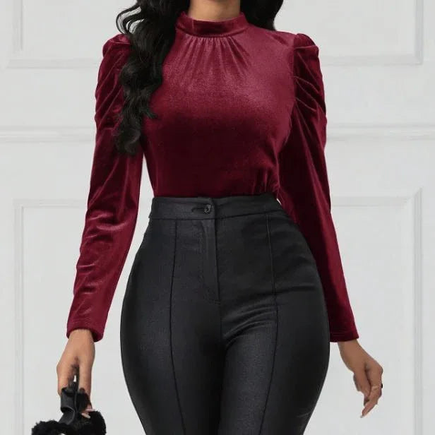 Women's Solid Color Round Neck Bubble Sleeve Slim Fit T-shirt - Gizmo Galaxy