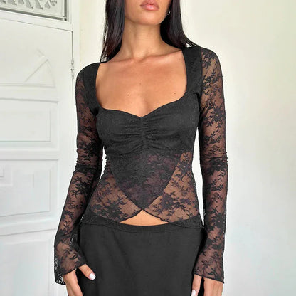 European And American Style Elegant Slim Fit Sexy Style Slit Lace Smock Top Women - Gizmo Galaxy