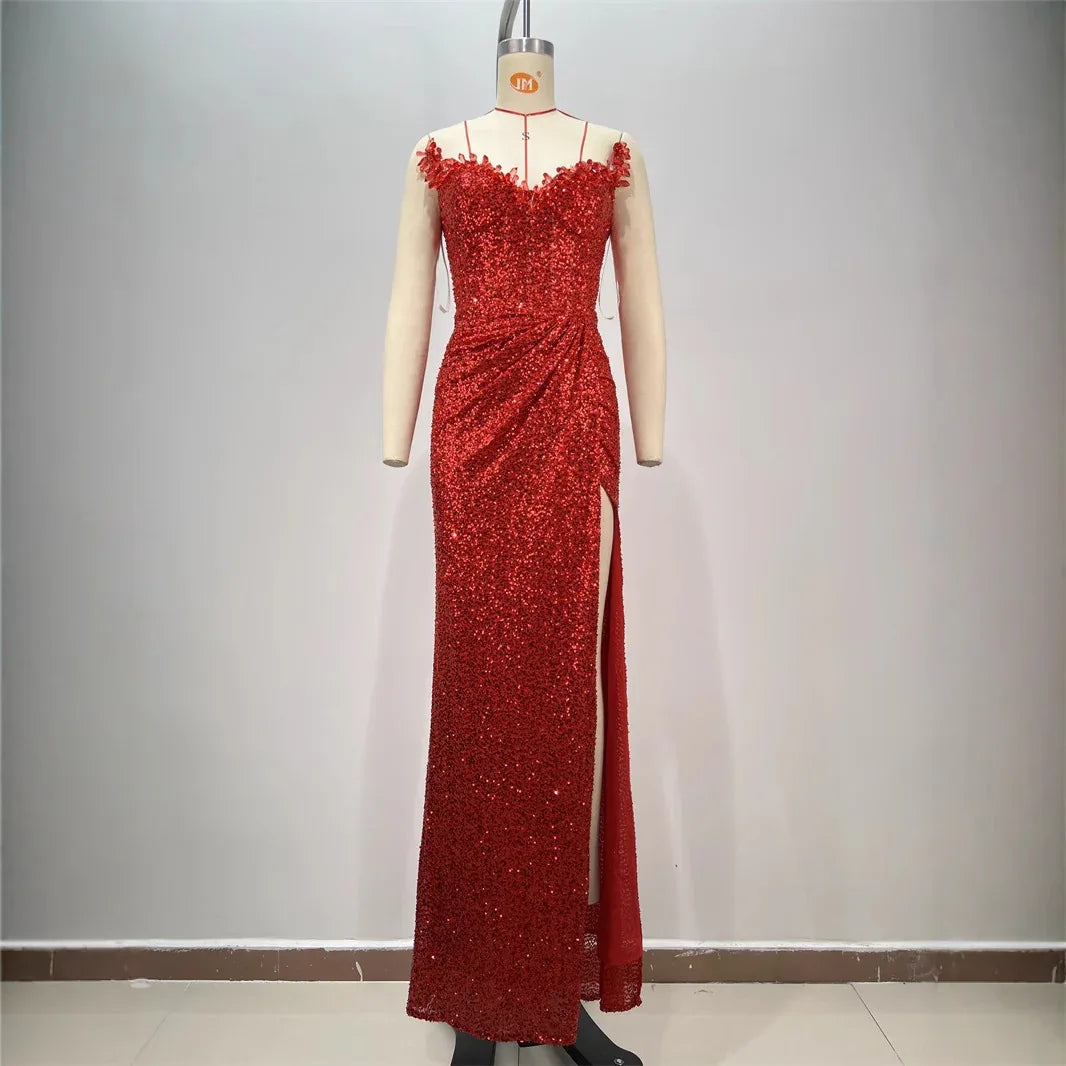 Drop-shaped Diamond Sexy Low-cut High Sitt Red Paillette Tube Coat And Dress - Gizmo Galaxy