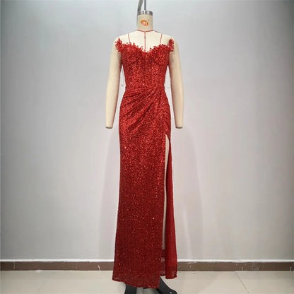 Drop-shaped Diamond Sexy Low-cut High Sitt Red Paillette Tube Coat And Dress - Gizmo Galaxy
