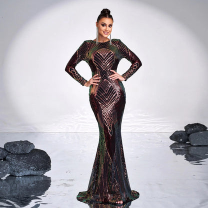Long Sleeve Temperament Crew Neck Sexy Long Sequined Banquet Evening Dress - Gizmo Galaxy