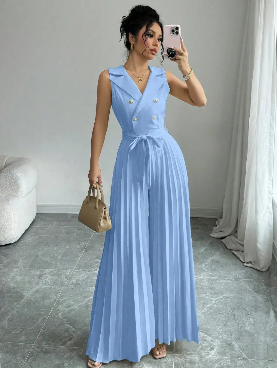 Suit Collar Bow Tie Belted Waist Pleated Jumpsuit - Gizmo Galaxy