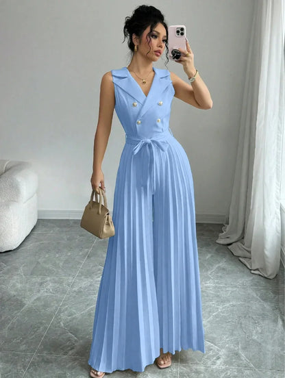 Suit Collar Bow Tie Belted Waist Pleated Jumpsuit - Gizmo Galaxy