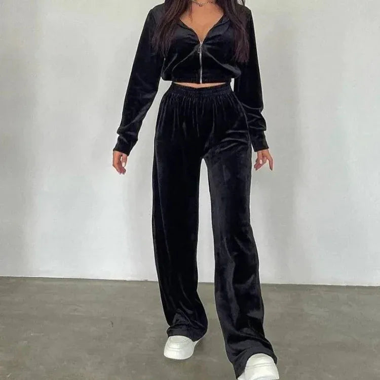 Fashion Women's Long-sleeve Lapel Zip-up Cardigan Hoodie Fleece Sweater Trousers - Gizmo Galaxy