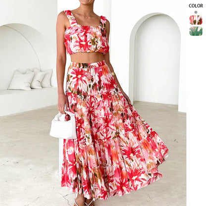 Women's Retro Sleeveless Short Wrap Bustier Printed High Waist Skirt Set - Gizmo Galaxy