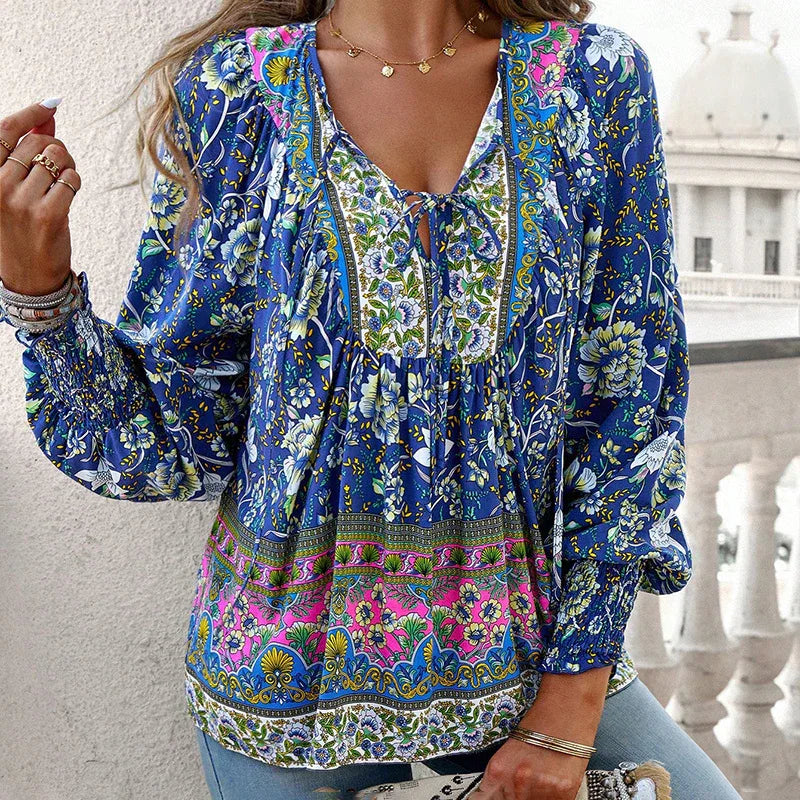 Wpmens Boho Chic Long Sleeve Blouse Floral Print V-Neck Top With Lace-Up & Drawstring Detail Elegant Vacation Shirt - Gizmo Galaxy