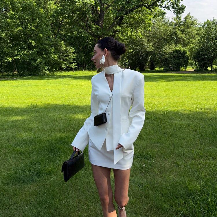 Turtleneck V-neck Long-sleeve Waist-cinching Suit Jacket And Sheath Skirt Two-piece Set - Gizmo Galaxy
