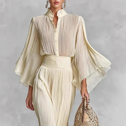 Pleated Wide-sleeve Shirt And Maxi Skirt Two-piece Women's Set - Gizmo Galaxy
