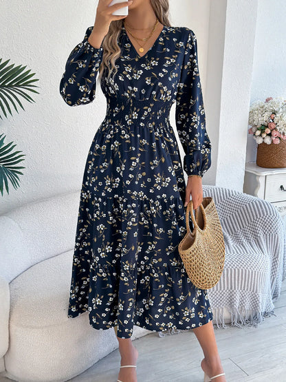 Women's Elegant Floral V-Neck Long Sleeve Waist-Defined Hem Ruffle A-Line Dress - Gizmo Galaxy