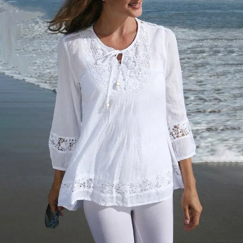 New Spring Autumn Cotton Hemp Splicing Lace Style Three Quarter Sleeve Loose Women's Top T-shirt - Gizmo Galaxy