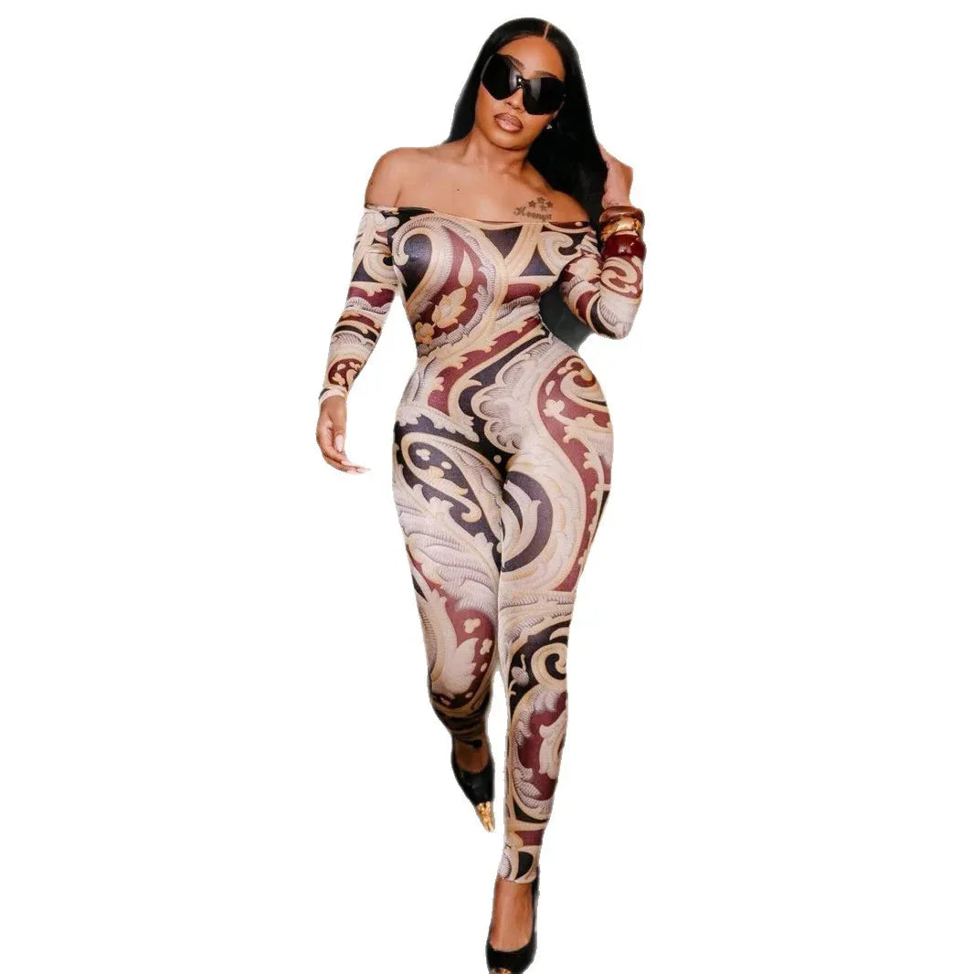 Sexy Print Off-shoulder Cinched Bodycon One-piece Trousers - Gizmo Galaxy
