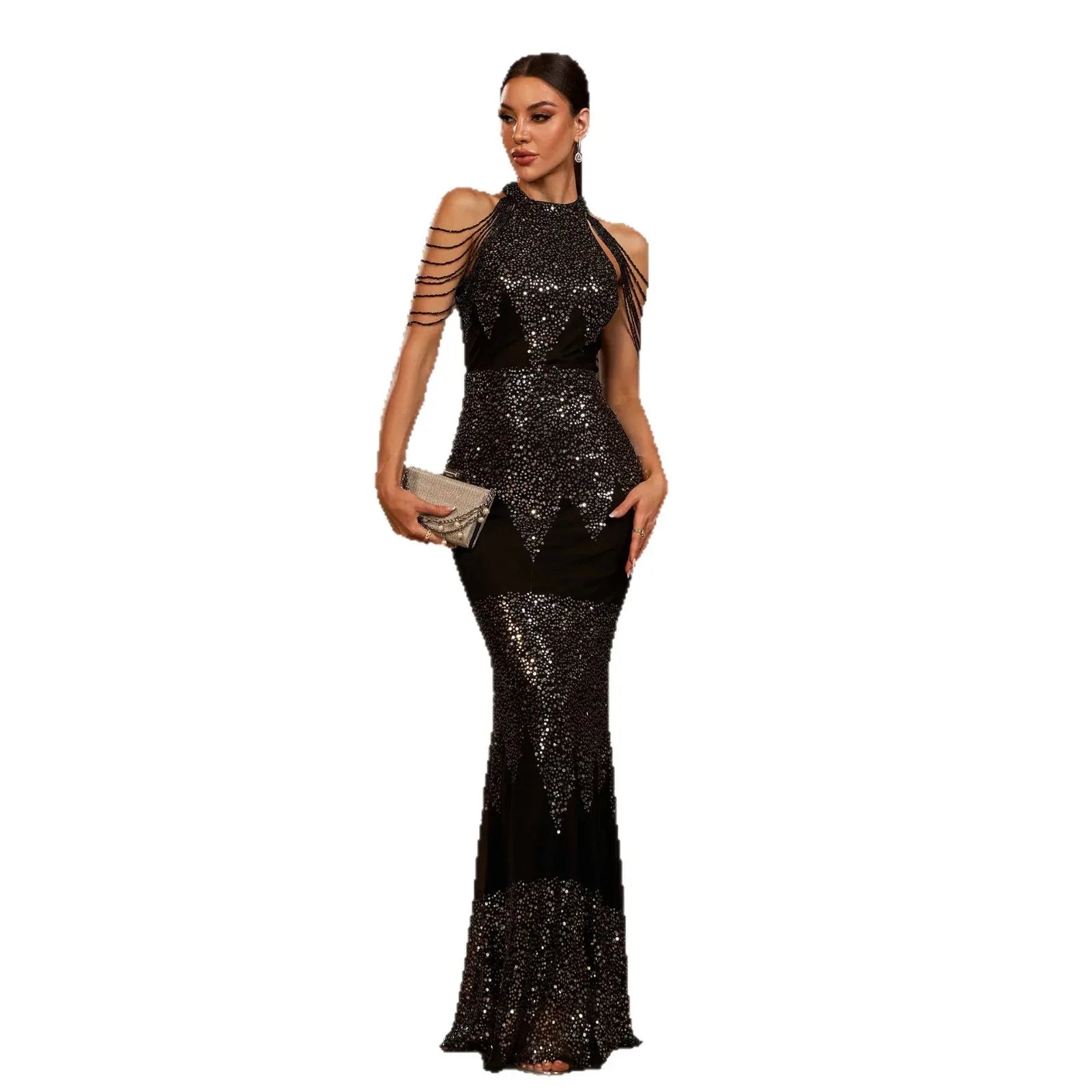 Halter Sequin Beads Slim-fit Evening Dress - Gizmo Galaxy