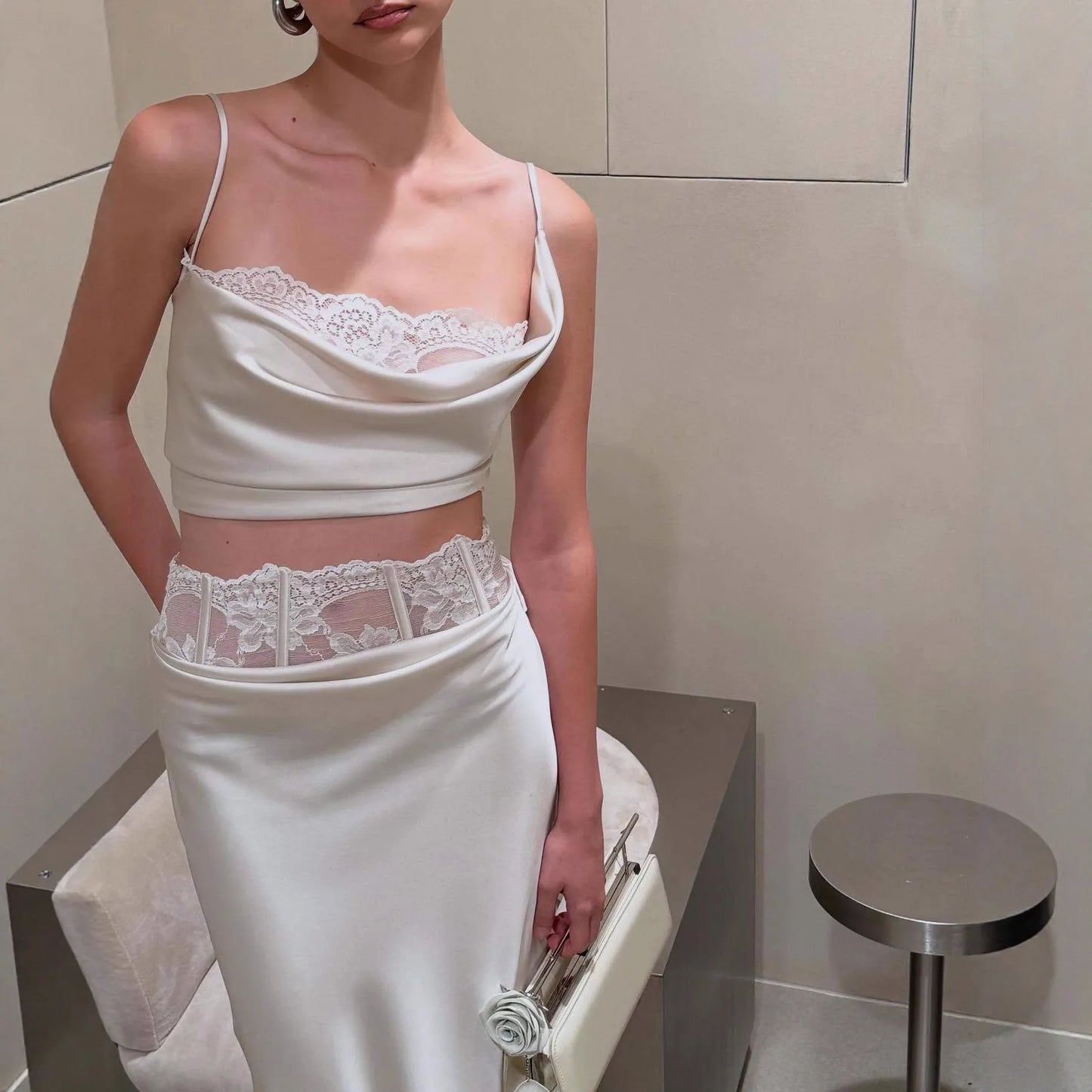 Women's New Fashion Sexy Lace Trim Satin Pencil Skirt - Gizmo Galaxy