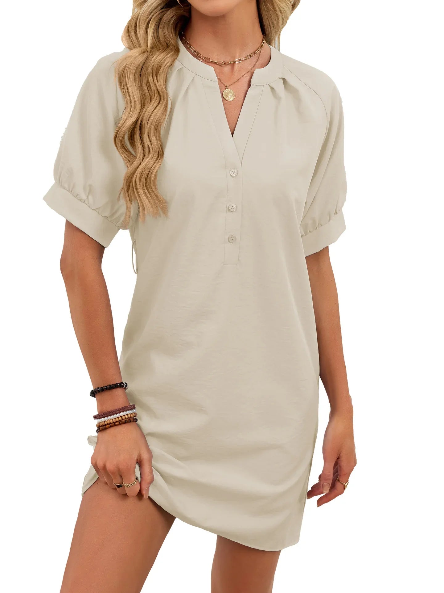 Women's Solid-Color Casual V-Neck Lace-Up Dress - Gizmo Galaxy