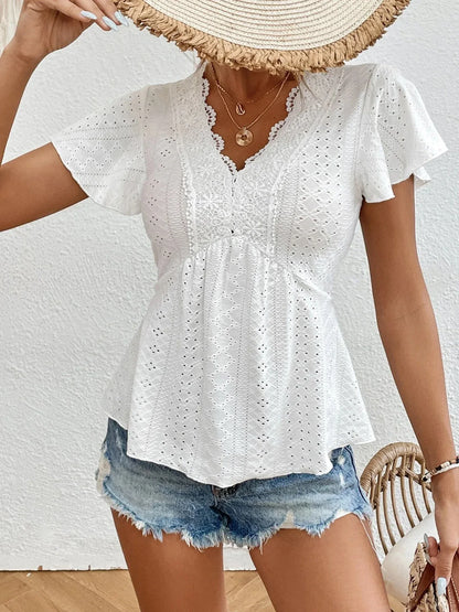 Summer New Flounced Sleeve Lace V-neck Stitching Hollow Jacquard Short-sleeved Top - Gizmo Galaxy