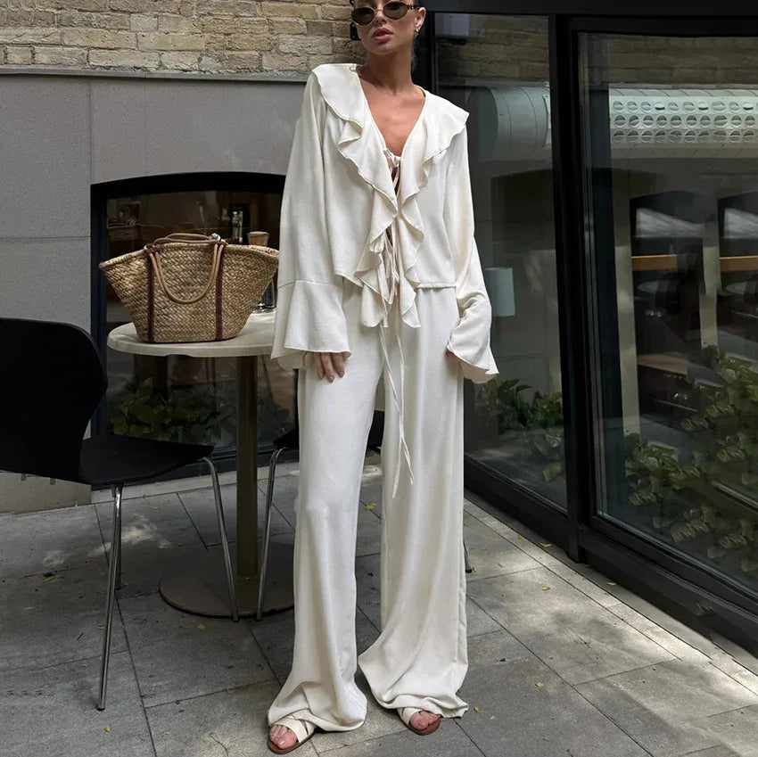 V-neck Ruffled Long-sleeve Shirt And High-waist Wide-leg Pants Two-piece Set - Gizmo Galaxy