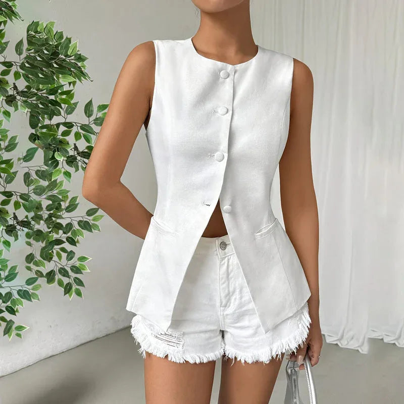 Sleeveless Button Round Neck Elegant Vest - Gizmo Galaxy