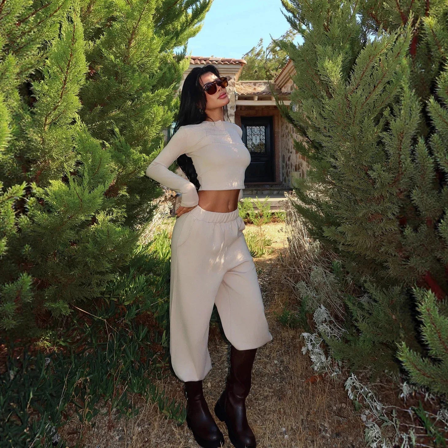 Women's Solid-color Casual Crew-neck Button-up Long-sleeve Top And Trousers - Gizmo Galaxy