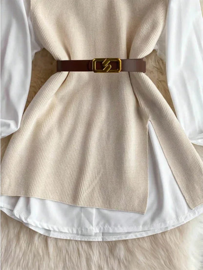 Women Vintage Apricot Split Hem Rib Knit Vest - Gizmo Galaxy