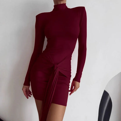 Spicy Girl Style High Neck Long Sleeve Hugging Waist Cinching Tie Front Hip Hugging Mini Dress - Gizmo Galaxy