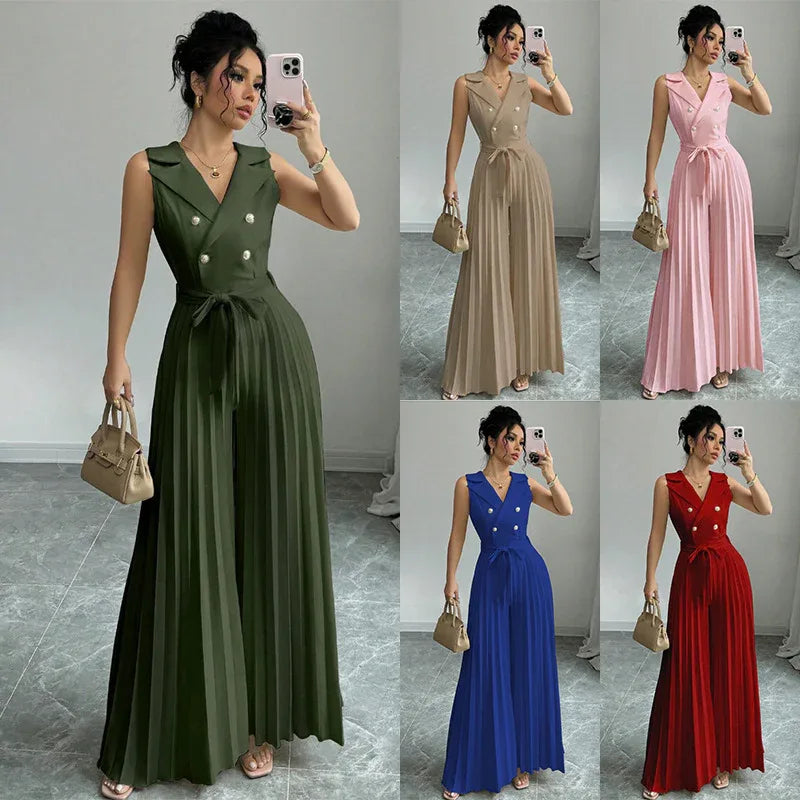 Suit Collar Bow Tie Belted Waist Pleated Jumpsuit - Gizmo Galaxy