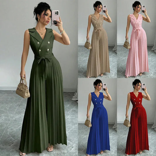 Suit Collar Bow Tie Belted Waist Pleated Jumpsuit - Gizmo Galaxy