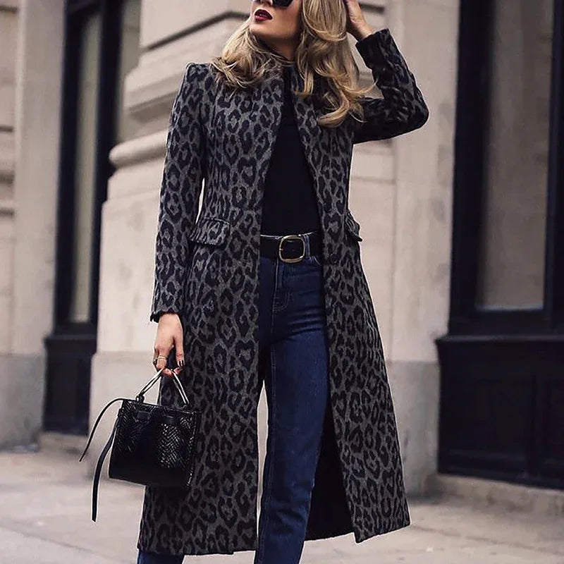 Coat Mid-length Black With A Turn-down Collar Leopard Print Top - Gizmo Galaxy
