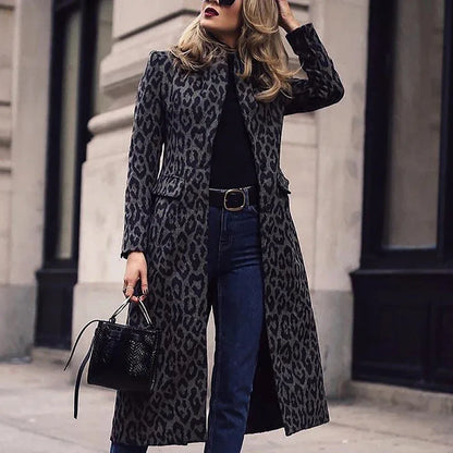 Coat Mid-length Black With A Turn-down Collar Leopard Print Top - Gizmo Galaxy