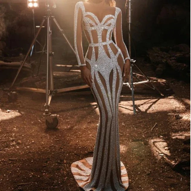 Women's Sprinkled Gold Banquet Dress Package Hip Fishtail Evening Dress - Gizmo Galaxy