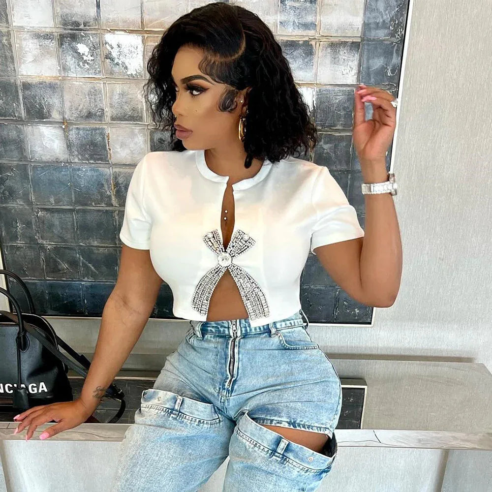 Women's Open-navel Split Rhinestone European And American Top T-shirt - Gizmo Galaxy