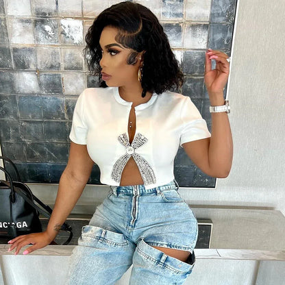 Women's Open-navel Split Rhinestone European And American Top T-shirt - Gizmo Galaxy