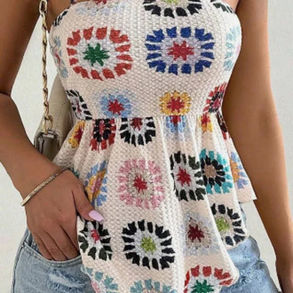 Women's Vacation Hibiscus Printed Ruffle Hem Casual Camisole Top Graphic Tees - Gizmo Galaxy