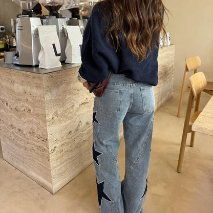 Fashion Casual Five-pointed Star Loose Straight Leg Denim Pants - Gizmo Galaxy