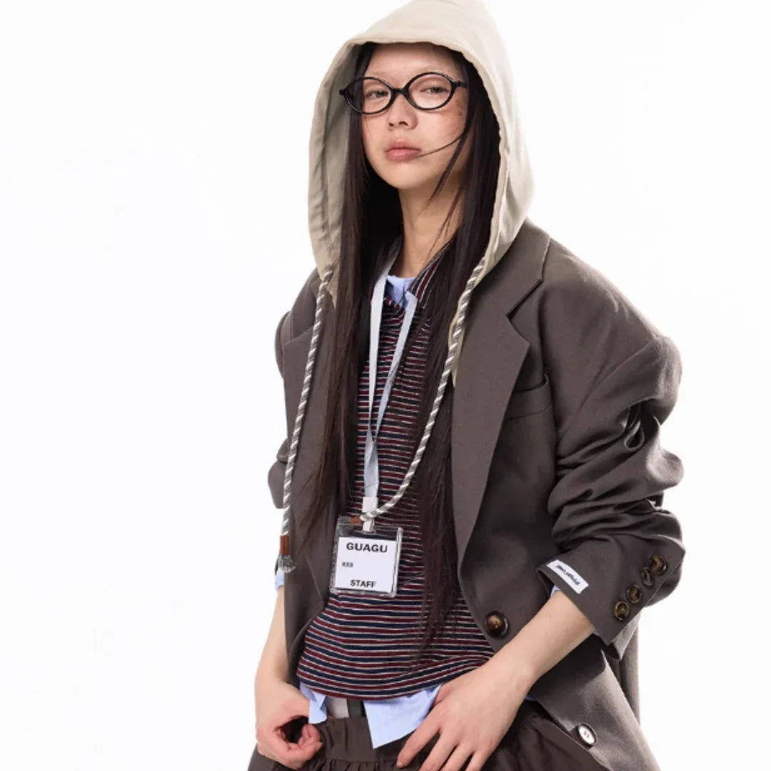 Hooded Patchwork Boyfriend Style Suit Jacket For Women - Gizmo Galaxy