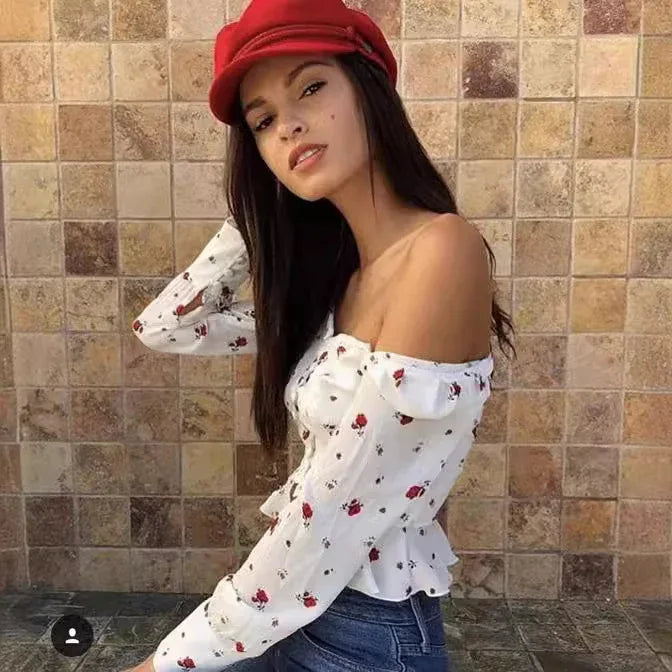 French Retro Square Neck Print Single-breasted Long Sleeve Ruffle Shirt - Gizmo Galaxy