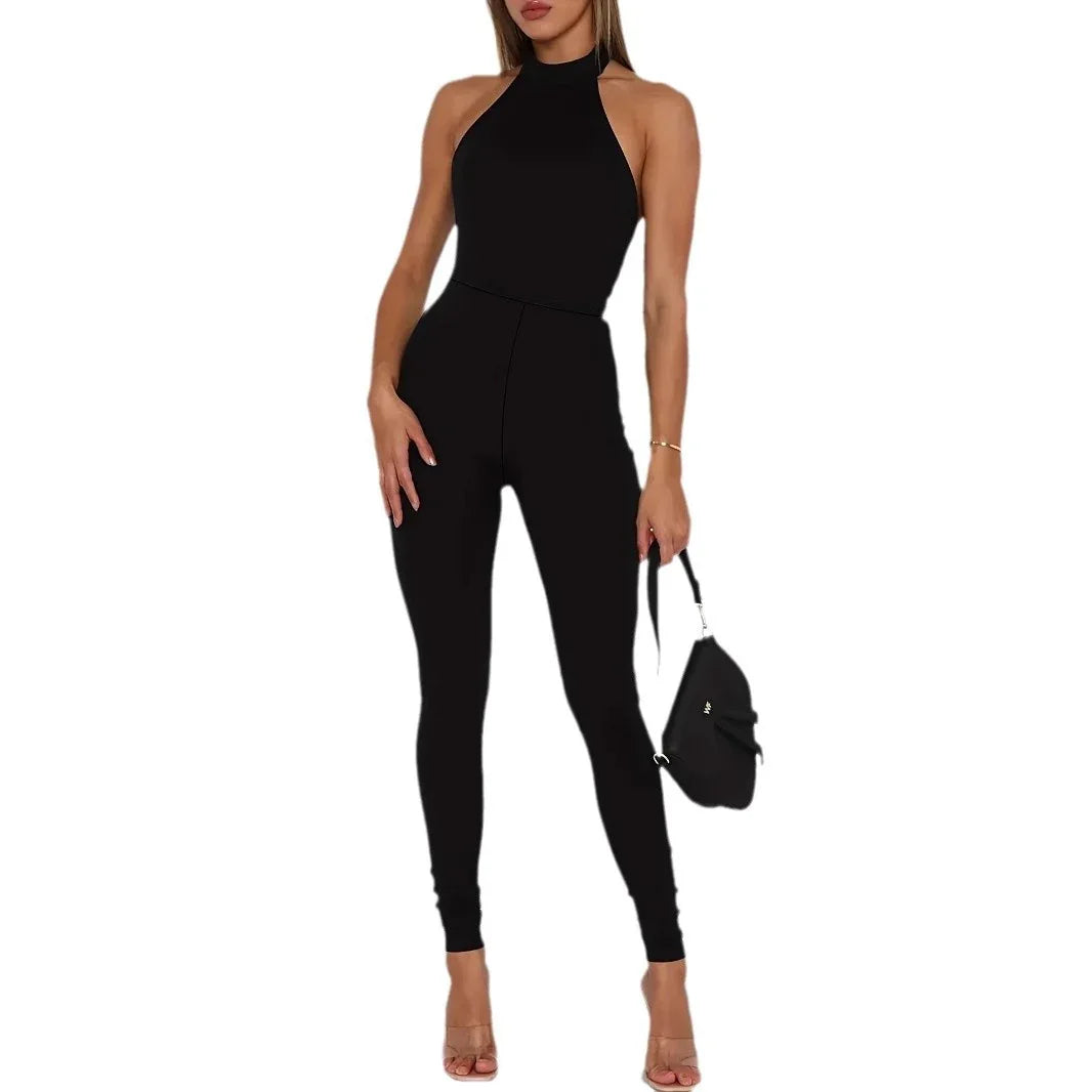 Women's Pure Color Halter Backless Sexy Slim-fit Jumpsuit Trousers - Gizmo Galaxy