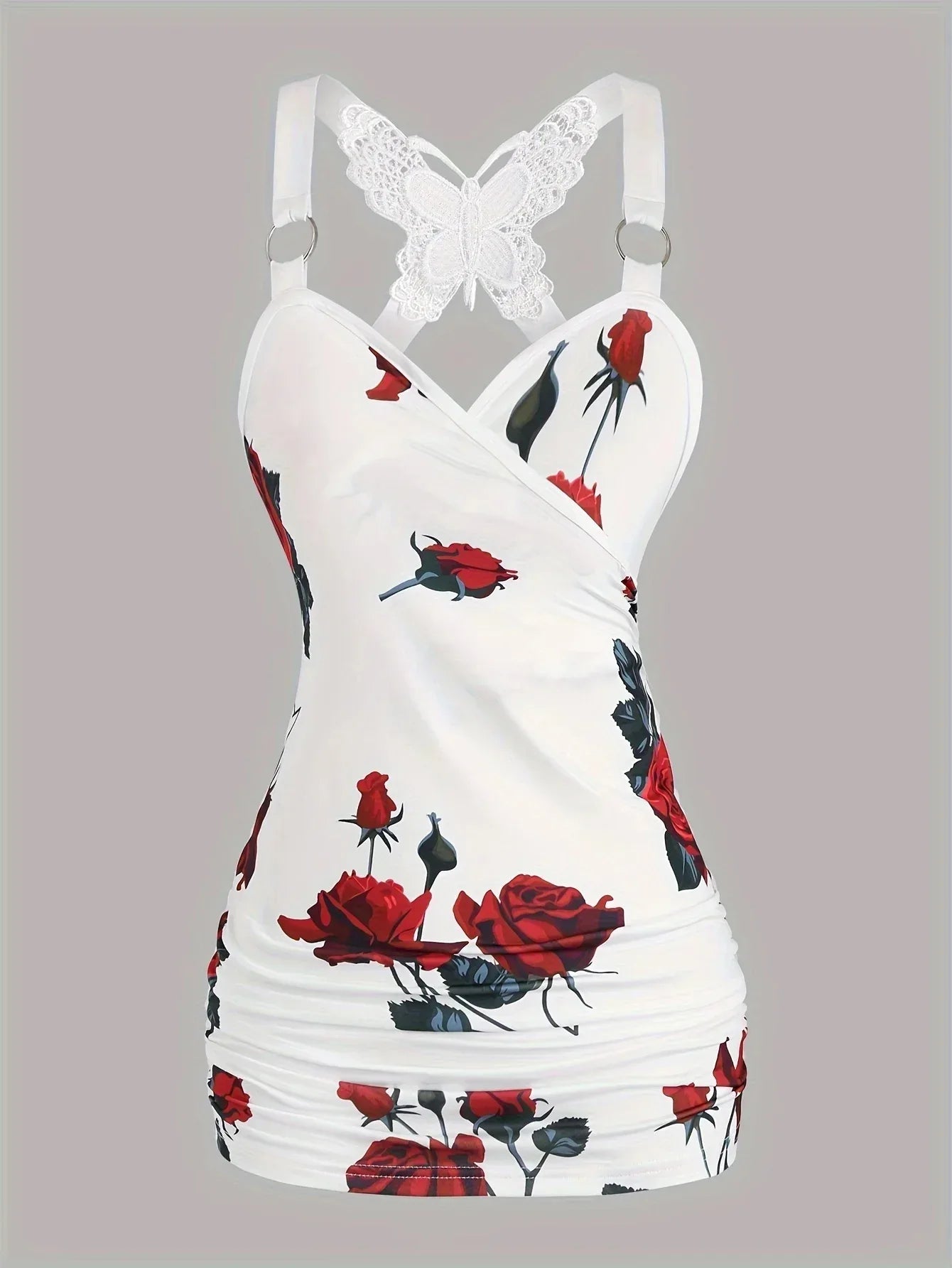 Spring And Summer New Women's Rose Print Pleated Suspender Cross Tank Top - Gizmo Galaxy
