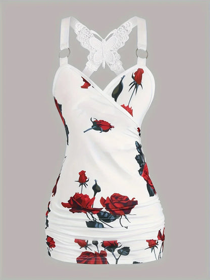 Spring And Summer New Women's Rose Print Pleated Suspender Cross Tank Top - Gizmo Galaxy