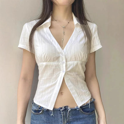 European And American Y2g Hot Girl Style Solid Color Short Sleeve Women's Open Shirt - Gizmo Galaxy