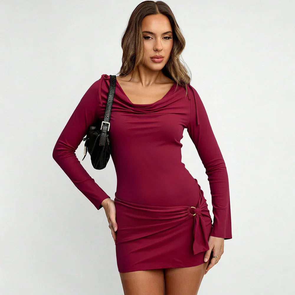 Sophisticated Mature-chic Design Wine-red Turtleneck Long-sleeve Figure-hugging Sheath Dress For Fall And Winter - Gizmo Galaxy