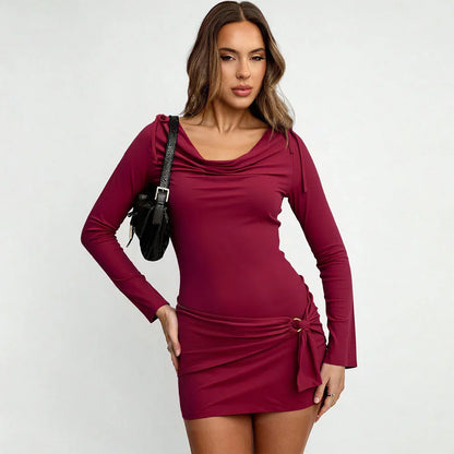 Sophisticated Mature-chic Design Wine-red Turtleneck Long-sleeve Figure-hugging Sheath Dress For Fall And Winter - Gizmo Galaxy
