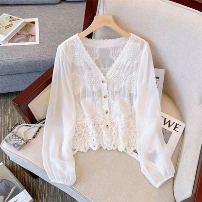 New French Style Summer Hollow-out Shirt Stitching Flying Sleeves Top - Gizmo Galaxy