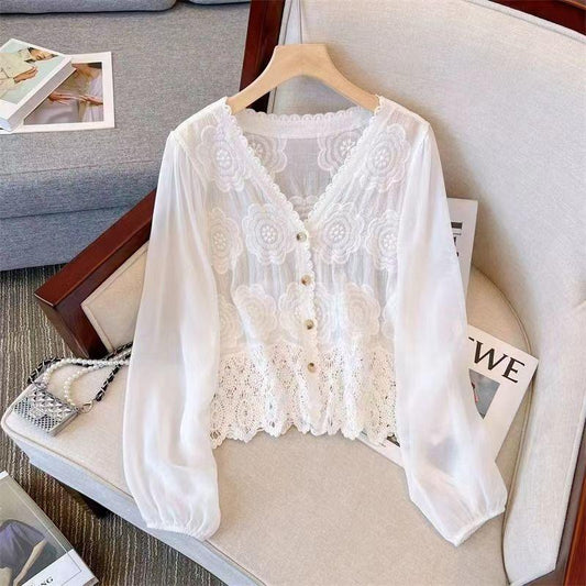 New French Style Summer Hollow-out Shirt Stitching Flying Sleeves Top - Gizmo Galaxy