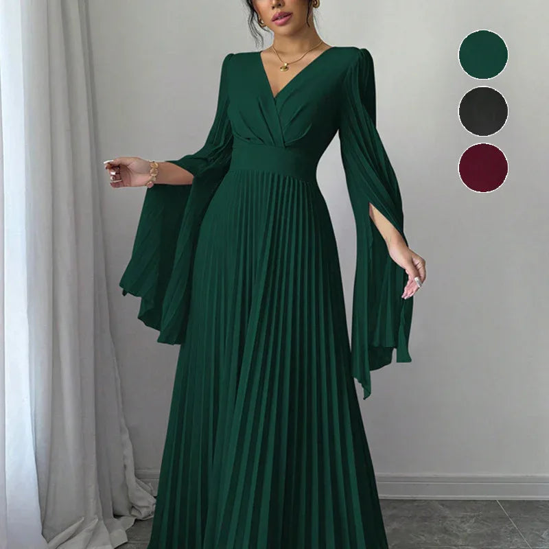 Women's High-waisted Long Deep-V-neck Long-sleeve Flared-sleeve Dress - Gizmo Galaxy